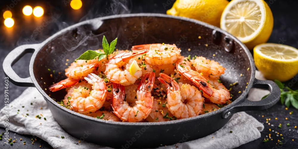 Steamed Shrimp with Lemon and Herbs in Cast Iron Pan Steamed Shrimp with Lemon and Herbs in Cast Iron Pan