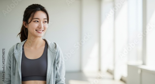 Asian young female in athletic wear smiling in bright room Free Download Asian young female in athletic wear smiling in bright room - GFXLoad