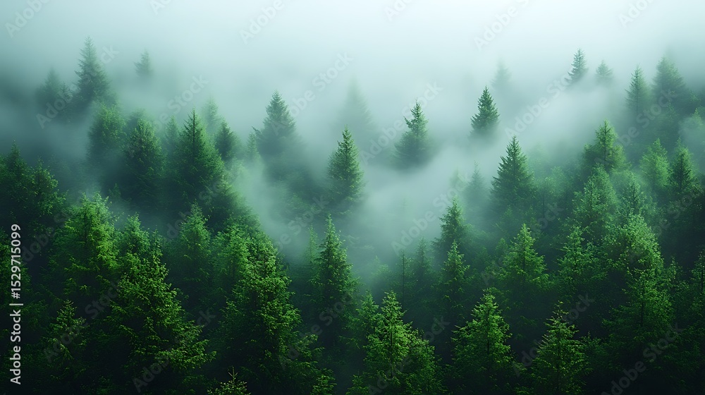 Mystical Green Pine Forest with Foggy Photorealistic Landscape Mystical Green Pine Forest with Foggy Photorealistic Landscape