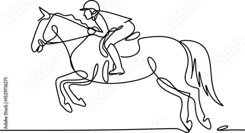 A single-line drawing of a jockey riding a horse in mid-stride, exhibiting dynamic movement and equestrian skill.