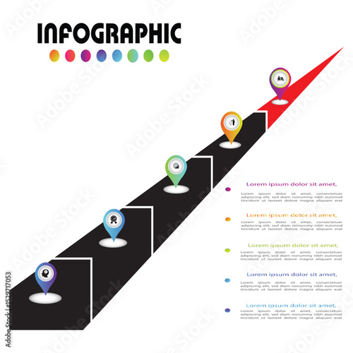 Modern step-by-step infographic template with colorful pointers, arrows, and bold layout ideal for presentations, business planning, timelines, or workflow visualizations.









