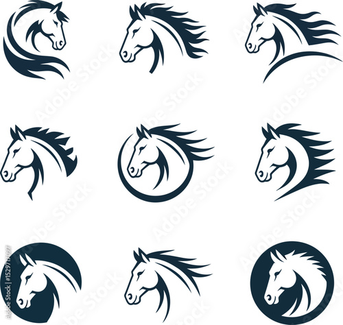 Nine stylized horse head logos in various designs and orientations