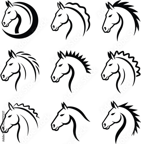 Nine stylized horse head illustrations in black and white