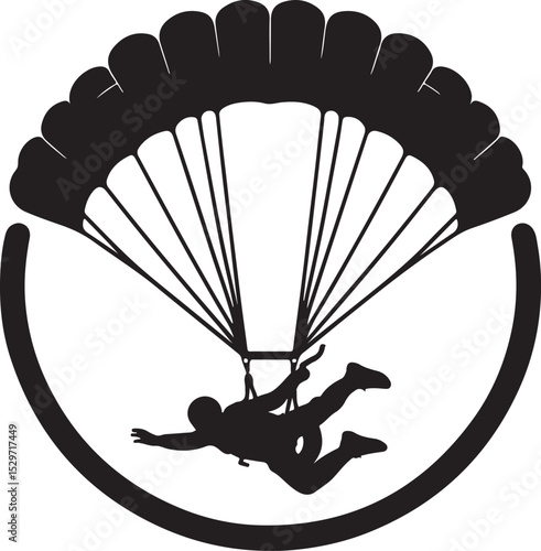 Stylized Silhouette of Parachutist with Open Parachute in Circular Design

