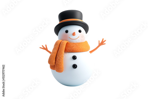 A Cheerful 3D Rendered Snowman Wearing a Top Hat and Scarf  3D Render , isolated on transparent background , cutout	
