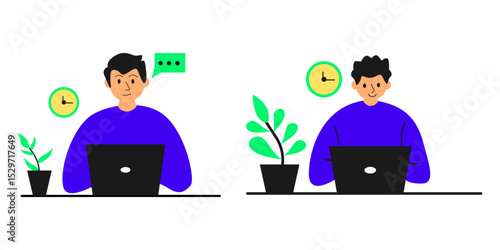 A vector illustration of a person sitting at a desk, working on a laptop. The scene includes a small plant and a clock on the wall, representing a comfortable home office or workplace environment