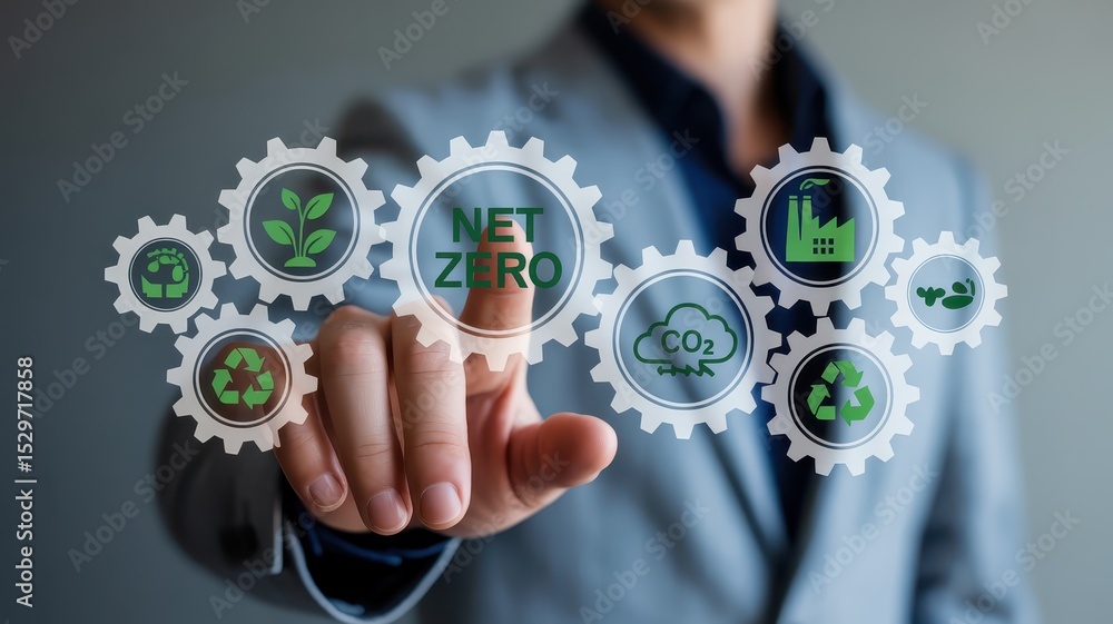 Person interacting with a digital display of interconnected gears illustrating net zero initiatives. Person interacting with a digital display of interconnected gears illustrating net zero initiatives.
