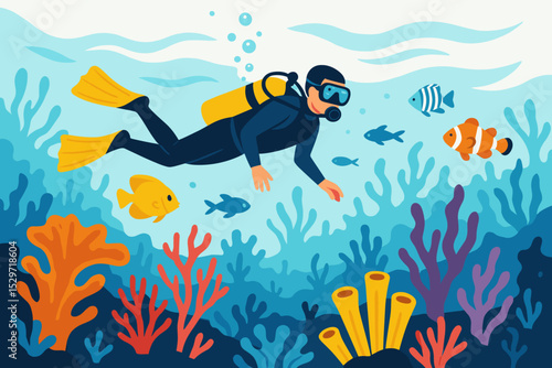 Scuba diver exploring a vibrant coral reef. Man in a wetsuit swimming with clownfish and tropical fish. Underwater ocean adventure and marine life concept. Flat vector design.
