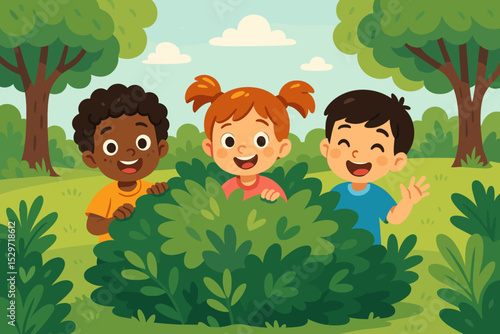 Happy multicultural children playing hide and seek in a park. Diverse group of kids hiding behind a bush. Cute cartoon vector illustration of childhood, friendship and outdoor fun.