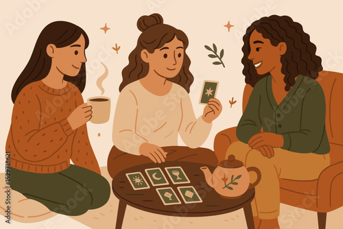 Three female friends telling fortunes and drinking tea. Girls night with tarot card reading. Esoteric hobby and spiritual divination concept. Cozy home gathering vector illustration.
