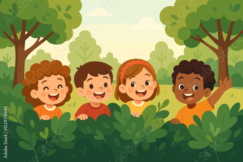 Happy diverse children playing hide and seek outdoors. Multicultural group of kids, friends, smiling and peeking from behind a bush in a park. Summer nature fun. Cartoon vector.