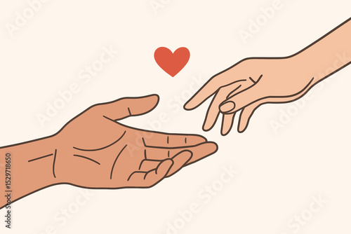 Two diverse hands reaching for each other with a heart. Concept of love, charity, donation, and support. Helping hand of kindness, compassion, volunteering, and community aid.