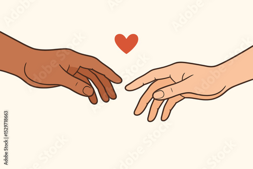 Two diverse hands reaching to connect with heart symbol. Concept of love, unity, support, interracial relationship, help, charity. Human connection, togetherness and diversity.