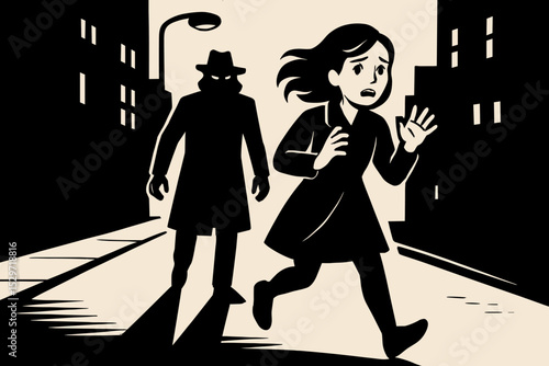 Film noir crime scene with woman running from a stalker. Frightened female victim escapes a shadowy pursuer in a dark city alley at night. Concept of danger, fear, suspense.
