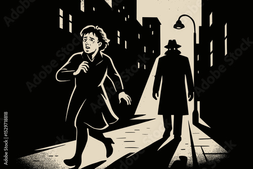 Film noir illustration of a crime scene. Scared woman running away from a mysterious stalker in a dark city alley at night. Concept of danger, fear, paranoia, and suspense.