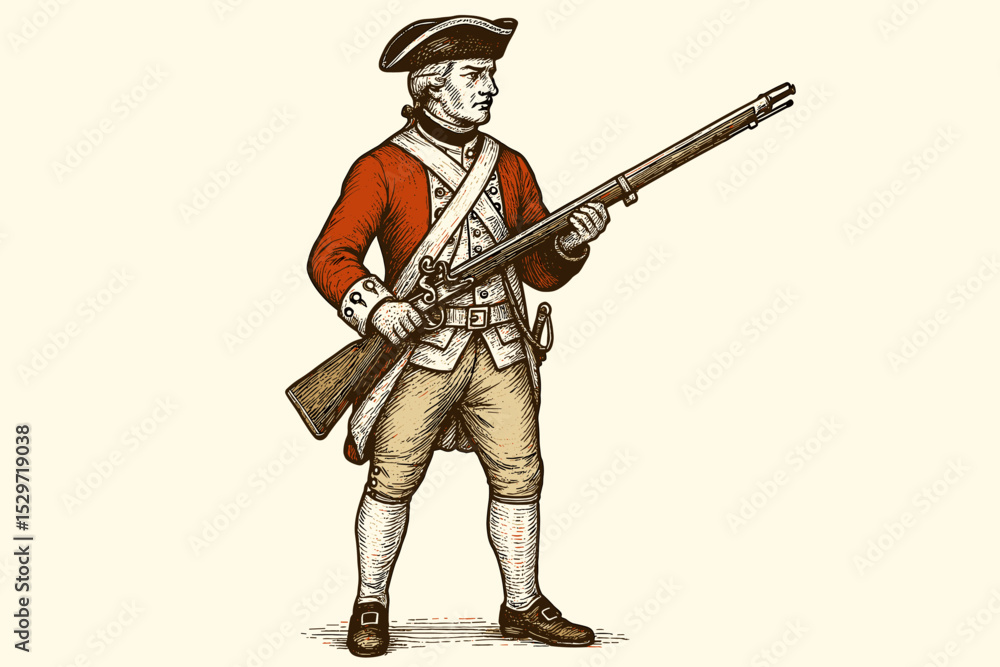 British Redcoat soldier from the 18th century American Revolutionary War. Vintage engraving style vector illustration of an infantryman holding a musket. Historical military art. British Redcoat soldier from the 18th century American Revolutionary War. Vintage engraving style vector illustration of an infantryman holding a musket. Historical military art.