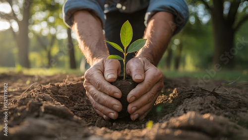 Gentle Hands, New Growth: Photograph of Weathered Hands Cradling a Newly Planted Sapling in Rich Soil Under a Canopy of Trees