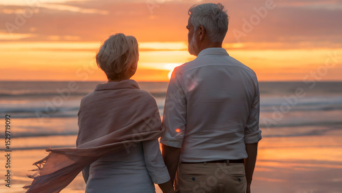 Cinematic Sunset on Tranquil Beach: Silhouetted Retired Couple, Hand-in-Hand, Amidst Orange, Pink & Purple Skies, Reflecting on Gentle Waves
