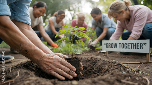 Hopeful Community Garden: Weathered Hands Gently Plant Sapling Amidst Smiling Volunteers & 