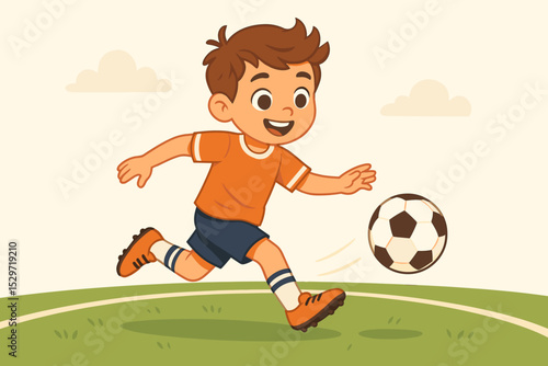 Cute cartoon boy playing soccer. A young football player running and kicking the ball on a green field. Happy child enjoying a sports activity. Kids game and healthy lifestyle vector.