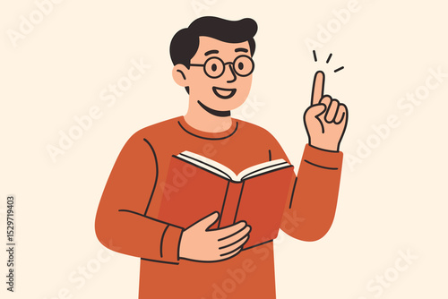 Smart young man with glasses reading a book has a brilliant idea. Happy student finds a solution. Concept of education, learning, knowledge, inspiration and eureka moment. Vector.