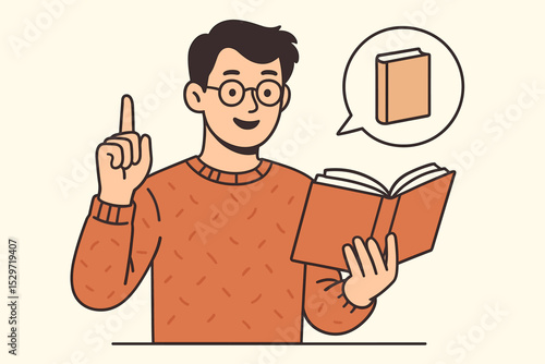 Smart man character reading a book and has an idea. Young student or teacher pointing finger up, a eureka moment. Education, learning, literature, knowledge and wisdom concept.