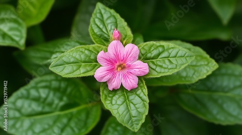 Beautiful pink four o'clock flower amidst vibrant green foliage in close up