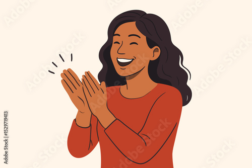 Happy woman applauding vector illustration. Cheerful female character clapping hands. Concept of praise, appreciation, success, celebration, and positive feedback. Joyful admiration.