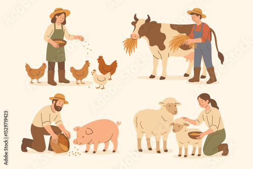 Farmers feeding livestock vector illustration set. Man and woman caring for farm animals: cow, pig, chickens, sheep, and lamb. Agriculture and animal husbandry concept collection.