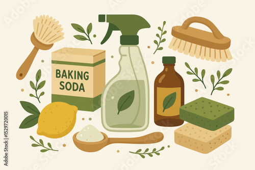 Eco friendly cleaning products set with natural ingredients for a green home. DIY household cleaner concept with baking soda, lemon, vinegar, brush, spray. Zero waste lifestyle.