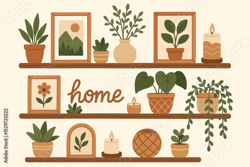 Cozy home decor illustration with houseplants and candles on wooden shelves. Interior design concept with plants in pots and picture frames. Hygge lifestyle and sweet home background.
