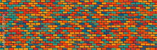 Vibrant seamless brick wall texture with red, yellow, orange, teal, and blue bricks. Perfect for backgrounds and graphic design.