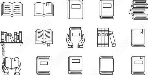 Collection of minimalist line art book icons illustrating reading education and library concepts