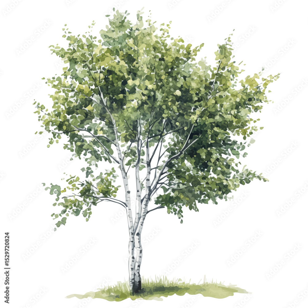 Fototapeta premium A River Birch Tree, watercolor vector, high quality, isolated on a white background.