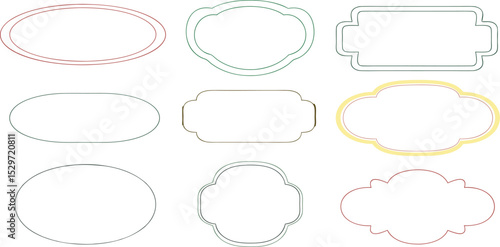 Collection of nine decorative border frames in various shapes and colors for design elements.