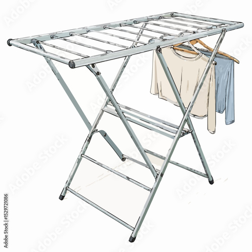 Illustrated grey metal clothes drying rack with shirt and trousers for air-drying laundry