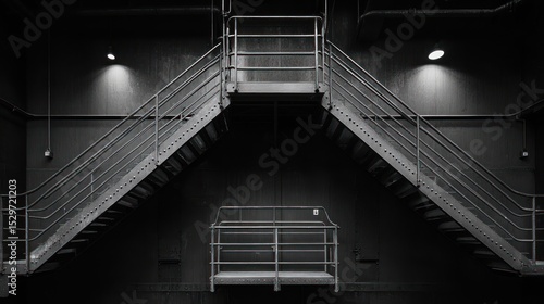 Industrial, metal stairs meet in a dark interior