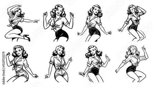 retro dancing pin up girls vector set