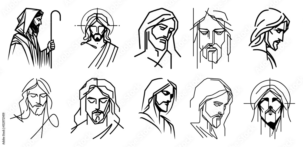 Naklejka premium line art jesus christ face icons