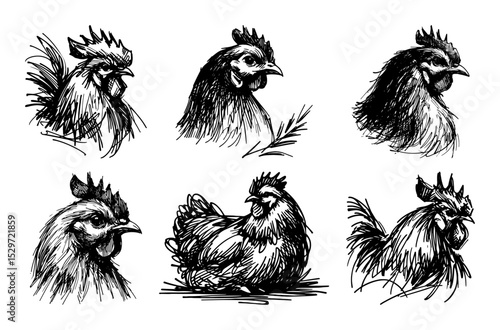 vintage chicken and rooster engravings set