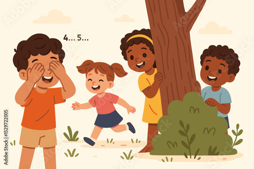 Diverse group of kids playing hide and seek. Happy boy counts with eyes covered while friends hide behind tree. Childhood friendship and fun outdoor game vector illustration.