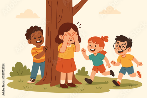 Happy diverse children playing hide and seek game outdoors in summer park. Cute multiethnic kids having fun together. Childhood friendship and activity vector illustration concept.