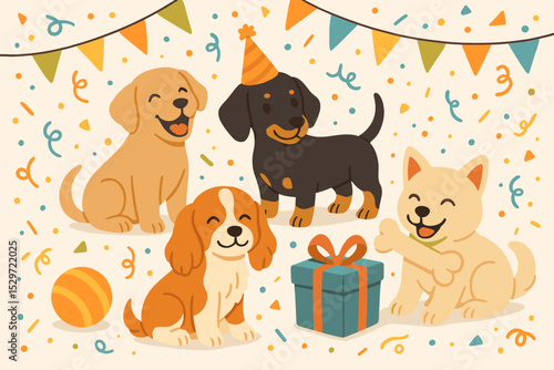 Happy puppy party vector illustration. Group of cute cartoon dogs celebrating birthday. Dachshund in party hat, labrador, spaniel friends with gift box, confetti, banner. Animal pet theme.