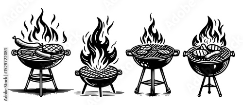 vintage charcoal grill illustrations with fire