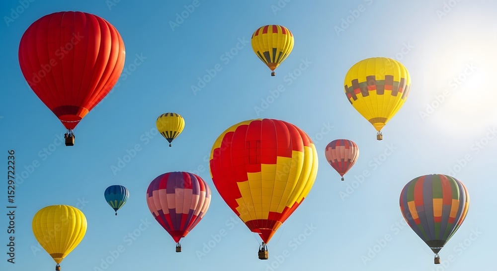 Fototapeta premium Colorful Hot Air Balloons Soaring Through a Vivid Blue Sky A Breathtaking Aerial View