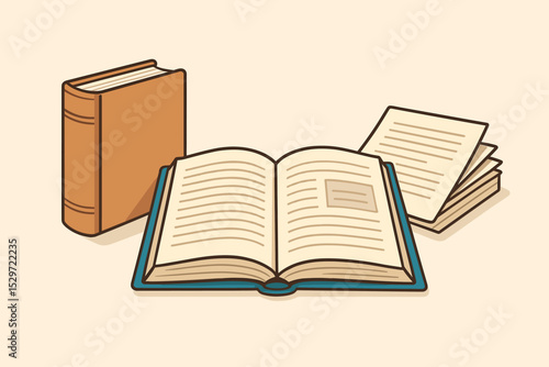 Study essentials concept with open book, stack of papers, and closed hardcover book, education supplies for learning, reading, research, and academic study