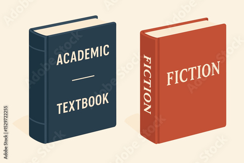 Vector illustration comparing an academic textbook and a fiction novel. Concept of duality between education, facts, and knowledge versus entertainment, imagination, and stories.