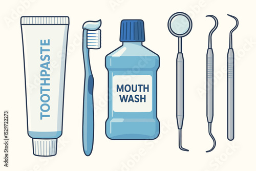 Dental hygiene essentials set with toothbrush, toothpaste, mouthwash, and dentist tools. Vector illustration concept for oral care, stomatology, and professional teeth cleaning.