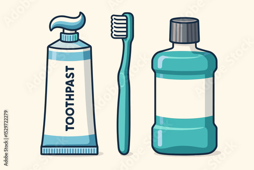 Dental hygiene essentials vector illustration set. Toothpaste, toothbrush, and mouthwash icons for oral care. Daily tooth cleaning, health, stomatology, and dentistry concept.