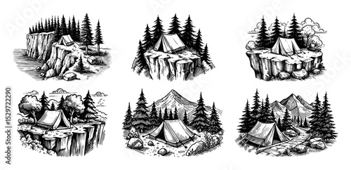 camping tents on forest cliffs vintage set